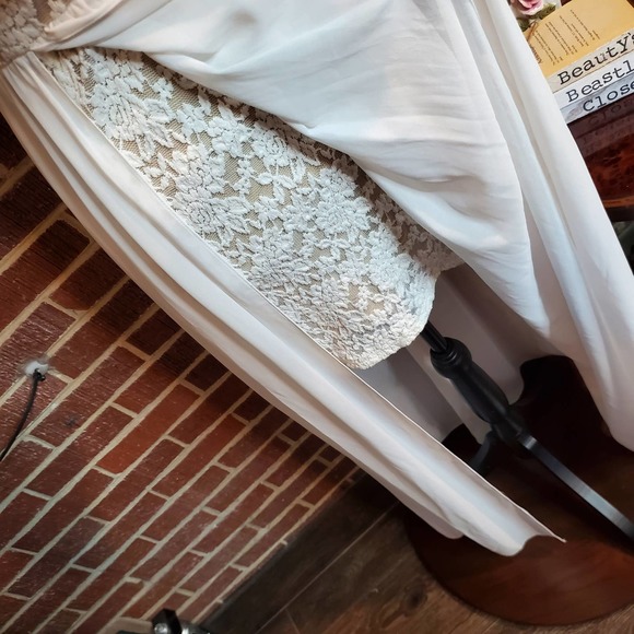 Lulus Chiffon Lace Plunge Flowy Floor Length Wedding Dress White, Open Back - Picture 6 of 11